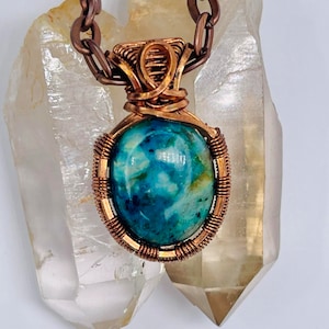 Chrysocolla Chalcedony Copper Minimalist Pendant, Handmade Wire Wrap Necklace, Southwest Jewelry, Vibration Wellness Protection Jewelry