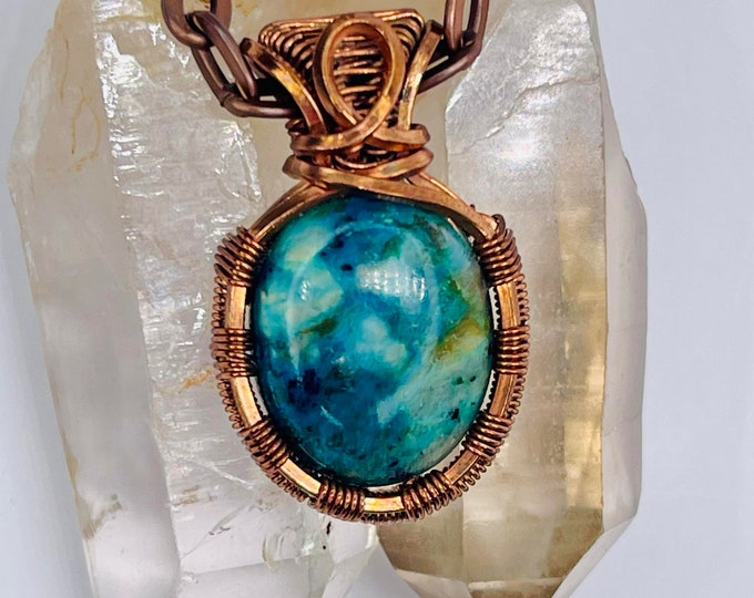 Chrysocolla Chalcedony Copper Minimalist Pendant, Handmade Wire Wrap Necklace, Southwest Jewelry, Vibration Wellness Protection Jewelry