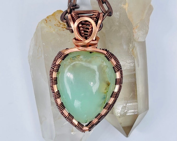 Chrysoprase Copper Minimalist Pendant, Handmade Wire Wrap Boho Necklace, Southwest Artisan Jewelry, Vibration Wellness Protection Jewelry
