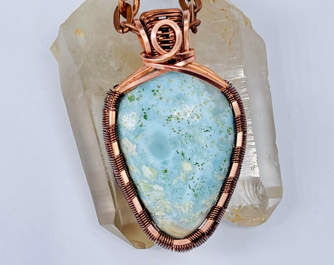 Larimar Copper Minimalist Pendant, Handmade Wire Wrap Boho Necklace, Southwest Artisan Jewelry, Vibration Wellness Love Protection Jewelry