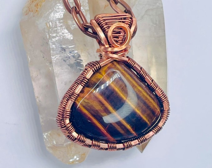 Tiger’s Eye Copper Minimalist Pendant, Handmade Wire Wrap Boho Necklace, Southwest Artisan Jewelry, Vibration Wellness Protection Jewelry