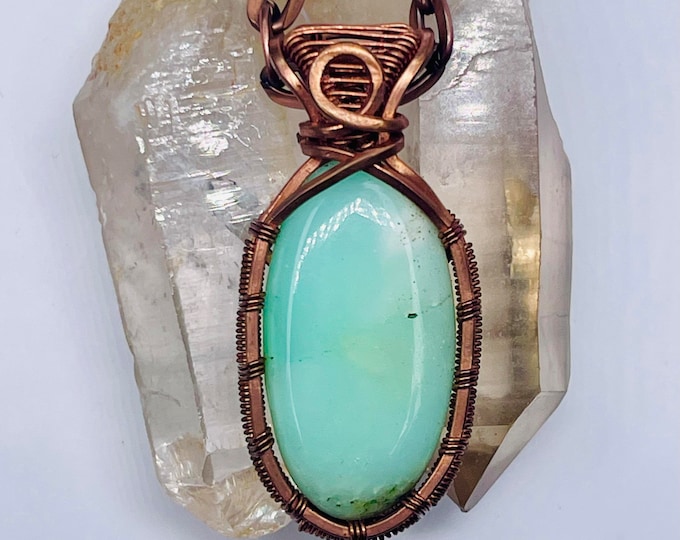 Chrysoprase Copper Minimalist Pendant, Handmade Wire Wrap Boho Necklace, Southwest Artisan Jewelry, Vibration Wellness Protection Jewelry