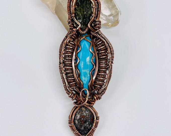 Moldavite Turquoise Copper Minimalist Pendant, Handmade Silver Wire Wrap Boho Necklace, Southwest Arizona Artisan Jewelry
