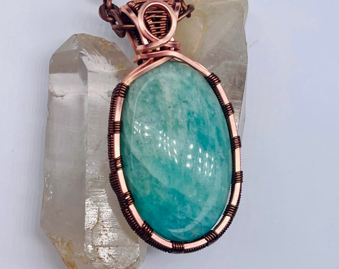 Amazonite Copper Minimalist Healing Pendant, Flashy Handmade Crystal Boho Jewelry, Southwest Arizona Artisan Wire Wrap Meditation Necklace