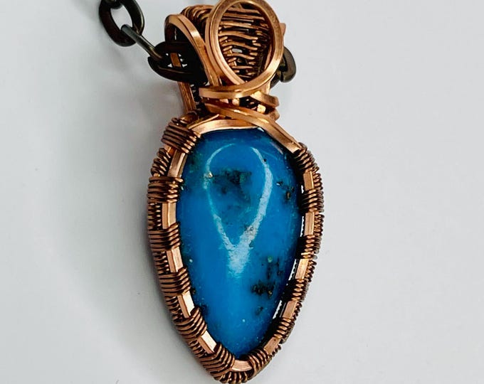 Turquoise Copper Minimalist Pendant, Handmade Wire Wrap Boho Necklace, Southwest Artisan Jewelry, Vibration Wellness Love Protection Jewelry