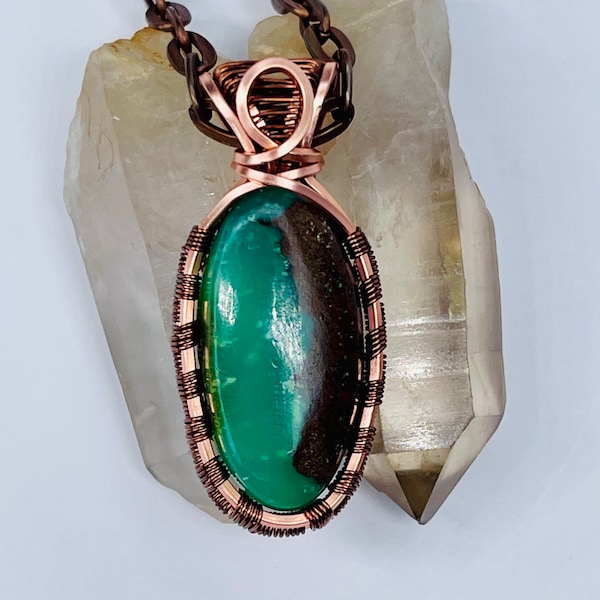 Chrysoprase Copper Minimalist Pendant, Handmade Wire Wrap Boho Necklace, Southwest Artisan Jewelry, Vibration Wellness Protection Jewelry