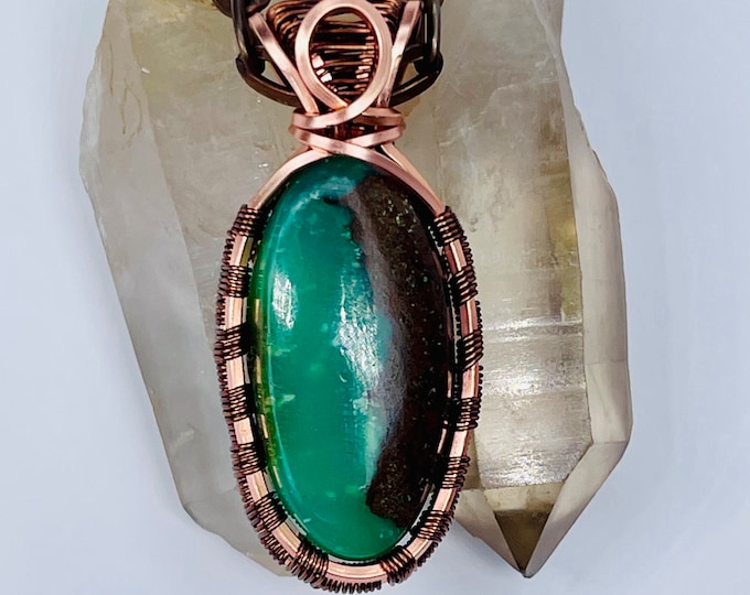 Chrysoprase Copper Minimalist Pendant, Handmade Wire Wrap Boho Necklace, Southwest Artisan Jewelry, Vibration Wellness Protection Jewelry