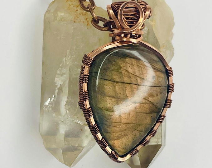 Labradorite Copper Minimalist Healing Pendant, Flashy Handmade Crystal Boho Jewelry, Southwest Arizona Artisan Wire Wrap Meditation Necklace