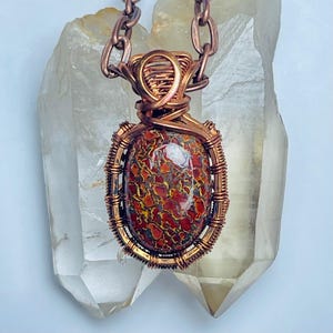 Dino Gembone Copper Pendant: Wire Wrapped Dinosaur Fossil Necklace