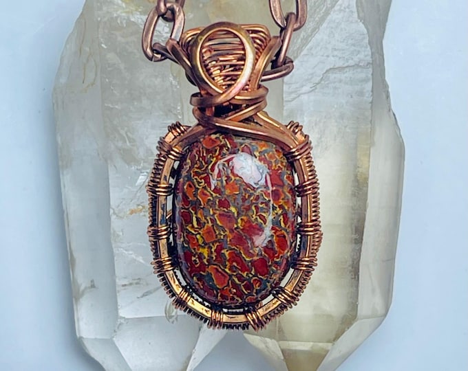 Dino Gembone Copper Pendant: Wire Wrapped Dinosaur Fossil Necklace