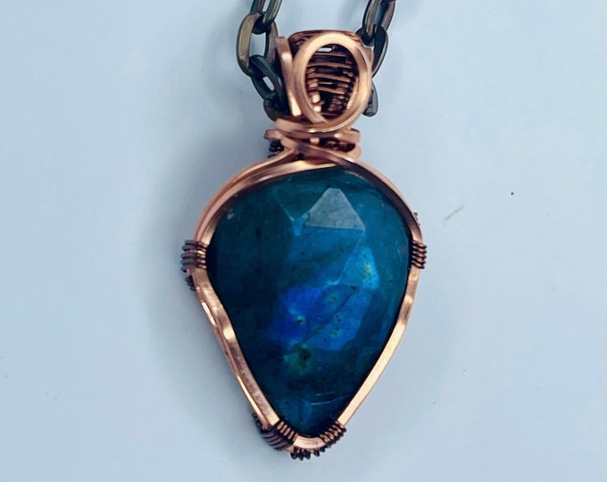 Labradorite Copper Minimalist Healing Pendant, Flashy Handmade Crystal Boho Jewelry, Southwest Arizona Artisan Wire Wrap Meditation Necklace