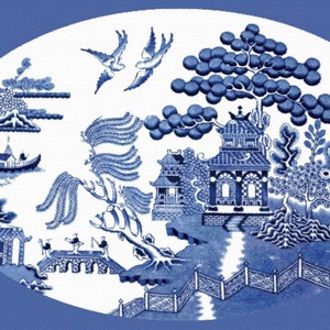 Patrón de punto de cruz Willow Pattern, diseño ovalado grande azul y blanco de estilo chinoiserie, Pattern Keeper File Inc.
