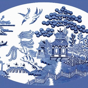 May include: Blue and white ceramic plate with a traditional Chinese design featuring a pagoda, trees, birds, and a river. The design is known as "Willow Pattern".