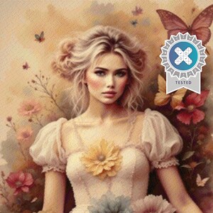 Puede incluir: Una mujer con cabello rubio que lleva un vestido blanco adornado con flores de colores. El vestido tiene un corpiño ajustado y una falda fluida. La mujer está de pie en un campo de flores.