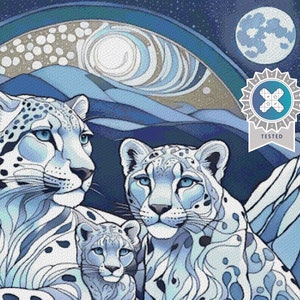 May include: A digital illustration of three snow leopards in a blue and white color scheme. The leopards are sitting in a mountainous landscape under a full moon. The image has a stylized, almost stained glass look.
