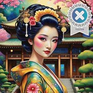 Puede incluir: Una mujer con un kimono colorido con patrones florales se encuentra frente a un edificio tradicional japonés. Tiene el pelo oscuro y una flor en el pelo. El edificio tiene una estructura de madera y un techo de tejas. El fondo es un jardín con árboles y flores.