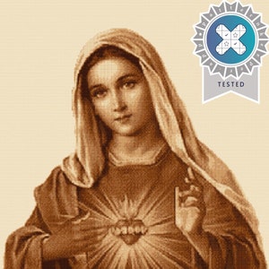 Madonna Sacred Heart Cross Stitch Pattern: Detailed Sepia Portrait (Digital Download)