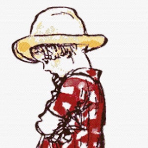 May include: A young person wearing a red and white checkered shirt and a straw hat. The person is standing with their arms crossed and looking down.