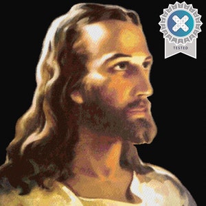 Puede incluir: Una pintura de un hombre con el pelo largo y castaño y barba. Lleva una túnica marrón claro y mira hacia la derecha. El fondo es negro.