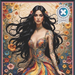 Puede incluir: Una impresión de arte digital de una mujer con largo cabello negro y un vestido colorido. El vestido presenta un arcoíris de colores, y la mujer está rodeada de flores. La imagen tiene una estética vintage e incluye la palabra "TESTED" en una insignia.