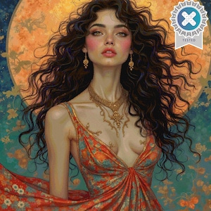 Puede incluir: Una mujer con el pelo largo y rizado oscuro que lleva un vestido estampado en rojo y dorado. Está de pie frente a una gran luna naranja.