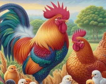Rooster Hen and Chickens Cross Stitch Design Chart- Pattern Keeper Compatible File Included + Digital Download Chart