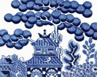Willow Pattern Cross Stitch: Large Detailed Oval Frame (Digital Download)
