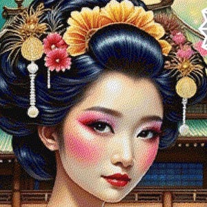 May include: A digital illustration of a person with dark hair styled in an updo with floral hair ornaments, wearing a vibrant, multi-coloured kimono featuring floral patterns, standing before a traditional building with stairs and trees.