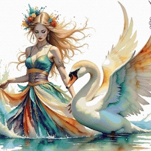 May include: A woman in a flowing teal, orange, and yellow dress with a floral crown stands in a body of water with a white swan. The swan has its wings spread out behind it. The water is splashing around the woman and the swan.