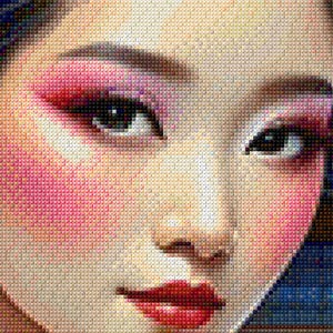 May include: A diamond painting kit featuring a close-up portrait of a person with dark blue hair styled in an updo, adorned with silver hair ornaments. The face displays vibrant pink eyeshadow, rosy cheeks, and bold red lips, rendered in a pixelated style.
