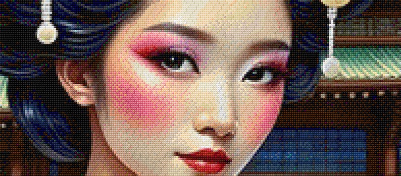 May include: A diamond painting kit featuring a close-up portrait of a person with dark blue hair styled in an updo, adorned with silver hair ornaments. The face displays vibrant pink eyeshadow, rosy cheeks, and bold red lips, rendered in a pixelated style.
