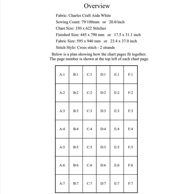 May include: An overview document for a cross stitch pattern on white Charles Craft Aida fabric. It lists a sewing count of 20.0/inch, a chart size of 350 x 622 stitches, a finished size of 17.5 x 31.1 inches, and a grid layout of 42 pages labeled A:1 to F:7.