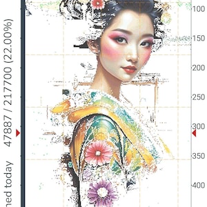 May include: A cross-stitch pattern featuring a portrait of a person with dark hair styled in an updo with yellow and red floral hair accessories. The person wears a garment decorated with pink and purple flowers. Text reads 47887 / 217700 (22.00%) and 78 stitched today.