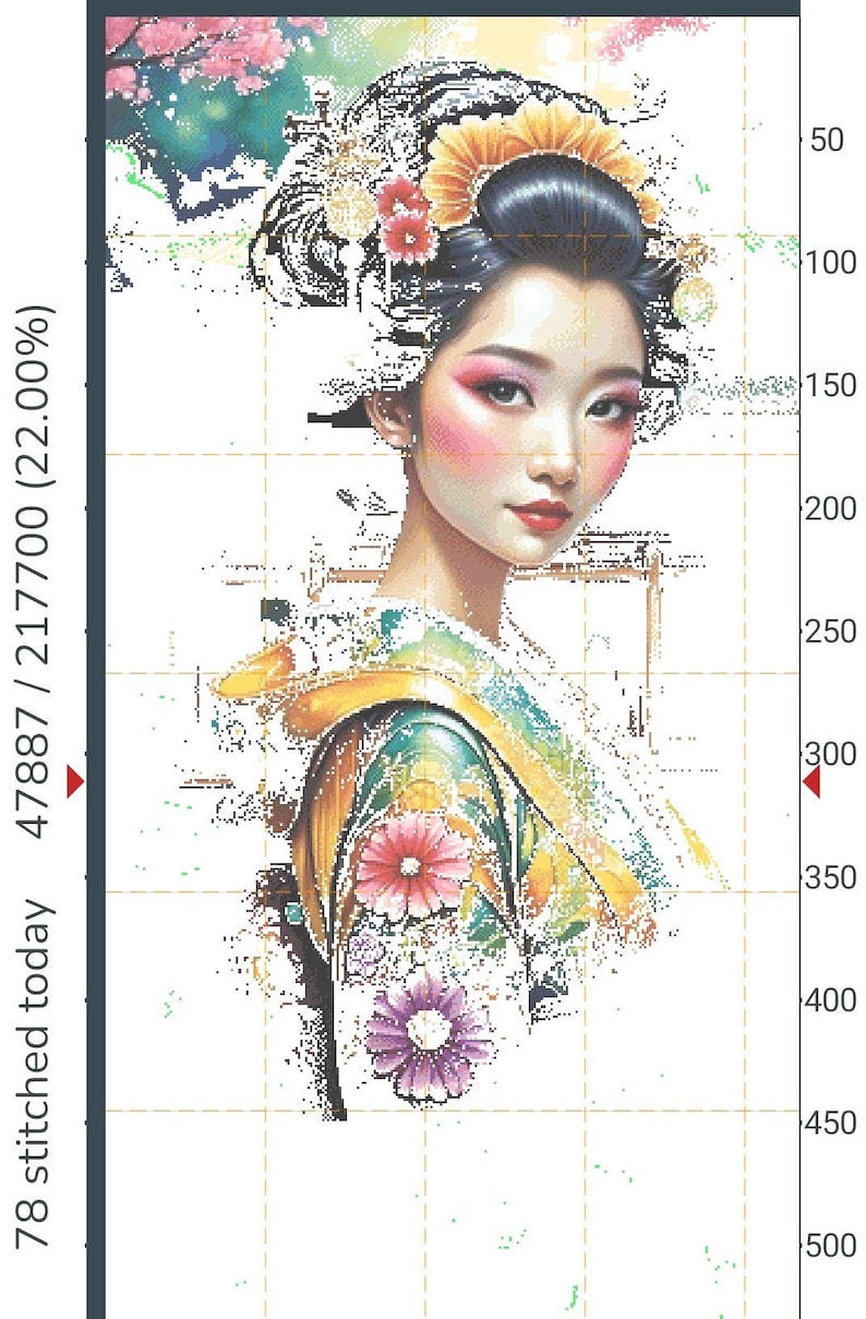 May include: A cross-stitch pattern featuring a portrait of a person with dark hair styled in an updo with yellow and red floral hair accessories. The person wears a garment decorated with pink and purple flowers. Text reads 47887 / 217700 (22.00%) and 78 stitched today.
