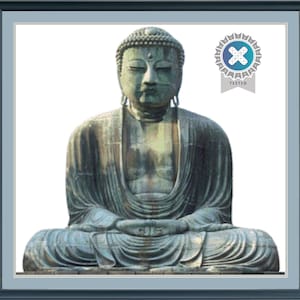 May include: A framed image of a seated bronze Buddha statue with closed eyes. The statue is in a meditative pose, with hands resting in the lap. A "TESTED" seal is in the upper right corner.