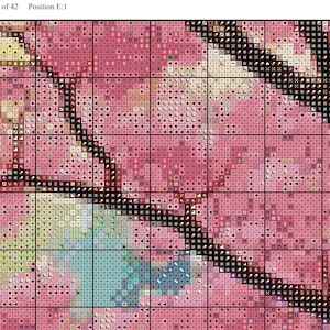 May include: A cross stitch pattern chart labeled Page 5 of 42 and Position E:1, featuring a grid of squares filled with various symbols in shades of pink, green, and blue, divided by thick black lines and a diagonal dark brown branch motif.