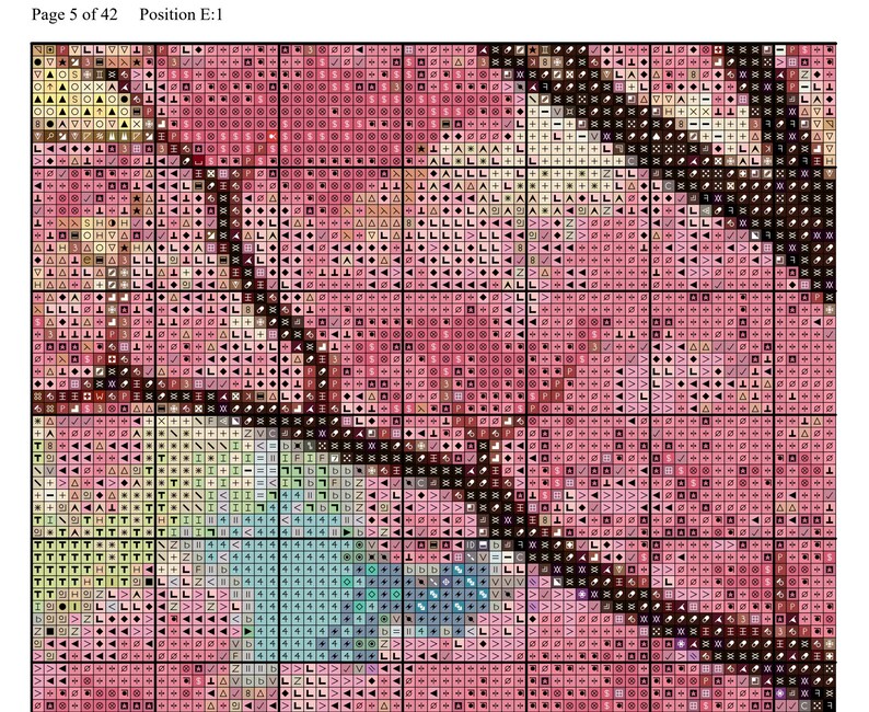 May include: A cross stitch pattern chart labeled Page 5 of 42 and Position E:1, featuring a grid of squares filled with various symbols in shades of pink, green, and blue, divided by thick black lines and a diagonal dark brown branch motif.