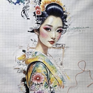 May include: A cross-stitch embroidery project on a white gridded fabric featuring a portrait of a person with dark hair styled in an updo adorned with yellow and red floral accents. The person wears a colorful patterned garment with pink and purple flowers.