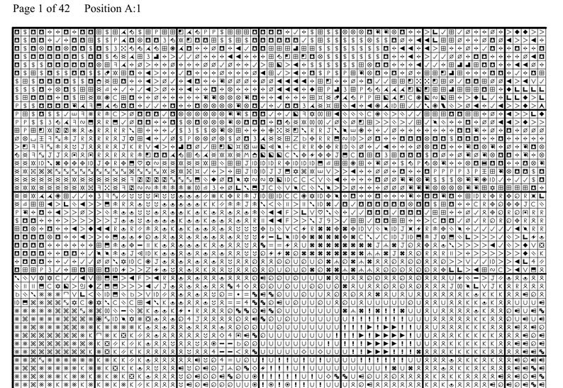 May include: A black and white cross stitch pattern chart printed on a grid, labeled Page 1 of 42 and Position A:1. The document features a dense arrangement of various geometric symbols, letters, and icons organized into square blocks.