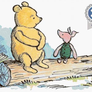 May include: Winnie the Pooh, a yellow bear, and Piglet, a pink pig, are sitting on a brown log. They are both looking at each other. The background is a watercolour painting of blue and green.
