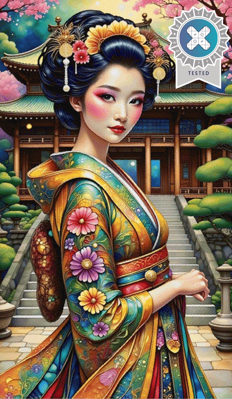 May include: A digital illustration of a person with dark hair styled in an updo with floral hair ornaments, wearing a vibrant, multi-coloured kimono featuring floral patterns, standing before a traditional building with stairs and trees.