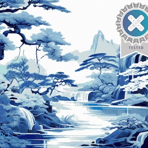May include: A blue and white watercolour painting of a Japanese garden scene with a waterfall, a river, and trees. The painting is done in a traditional style and features a delicate and intricate design.
