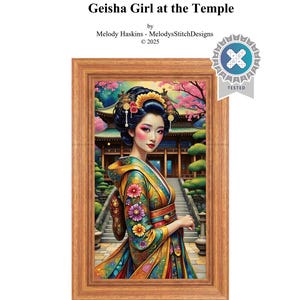 May include: A framed digital art print titled Geisha Girl at the Temple by Melody Haskins, featuring a person in a colorful floral kimono standing before a temple with pink cherry blossoms, stone stairs, and green trees in the background.