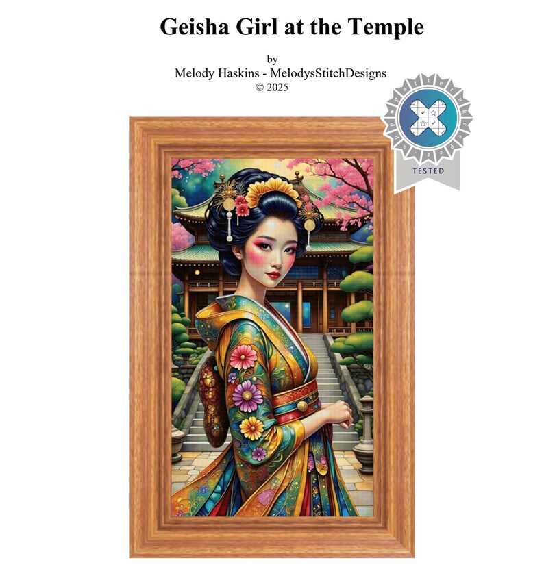 May include: A framed digital art print titled Geisha Girl at the Temple by Melody Haskins, featuring a person in a colorful floral kimono standing before a temple with pink cherry blossoms, stone stairs, and green trees in the background.