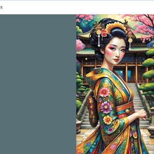 May include: A digital illustration of a person wearing a colorful kimono with floral patterns, featuring a high bun hairstyle with gold hair accessories. The background shows a traditional wooden building with stairs and pink cherry blossom trees.
