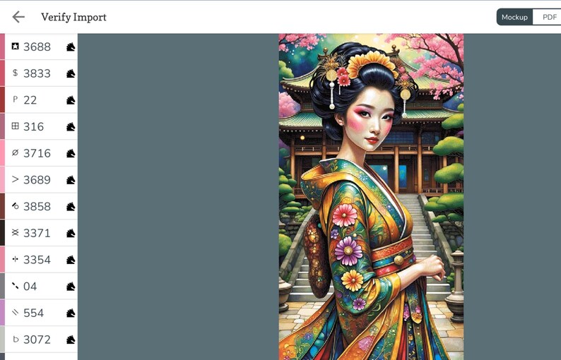 May include: A digital illustration of a person wearing a colorful kimono with floral patterns, featuring a high bun hairstyle with gold hair accessories. The background shows a traditional wooden building with stairs and pink cherry blossom trees.