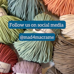 May include: A variety of colors of cotton cord, each wound into a ball, with the brand name "Bobbiny" on the label. The text "Follow us on social media @mad4macrame" is superimposed on the image.