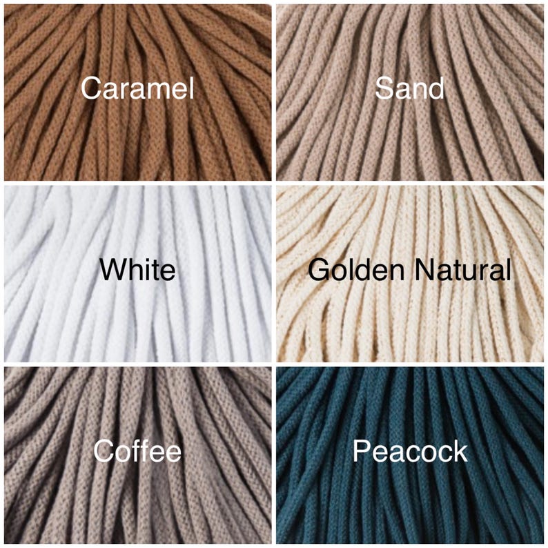 May include: Close-up of six spools of cotton cord in different colors: caramel, sand, white, golden natural, coffee, and peacock.