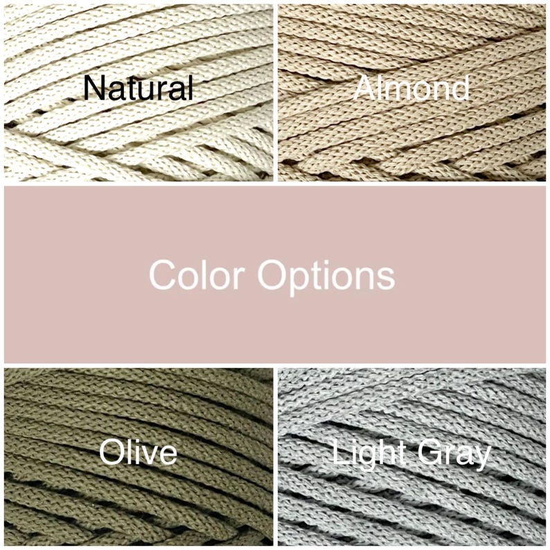 May include: Close-up of four different colored ropes: Natural, Almond, Olive, and Light Gray. The text "Color Options" is displayed in a pink rectangle. The ropes are tightly woven and appear to be made of a durable material.