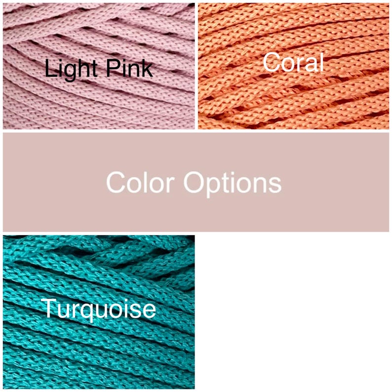 May include: Image showcasing three color options of a rope or cord: light pink, coral, and turquoise. The text "Color Options" is displayed in the center. The image highlights the texture and hues of the materials.